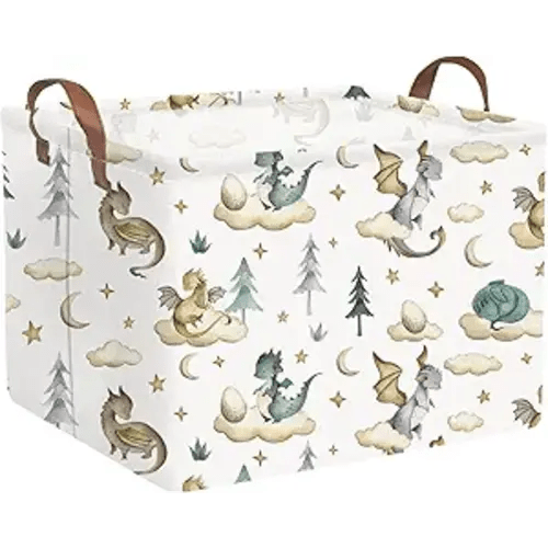 Rectangular Dinosaur Baskets,Watercolor cute dragon fairy tale kids nursery basket,Cloud moon star dragon egg laundry basket for kid,Toys Box,Dinosaur Room Decor(Cute dinosaur)
