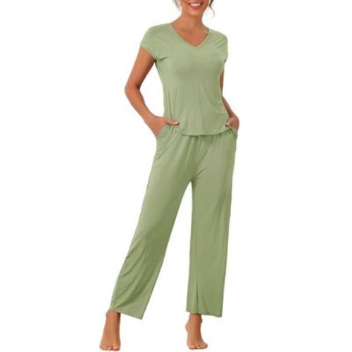 cheibear 2 Pcs Women's Short Sleeve V-Neck Top with Long Pants Modal Casual Loungewear Set Small Light Green