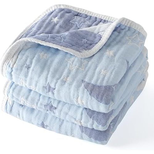 Cotton Muslin Baby Blankets Organic Comforter Reversible Neutral 6-Layer Soft 43.3"x41.3" for Newborn Infant Toddler Boys Girls, Daycare Receiving Swaddle Throw Quilt, Nursery Crib Bassinet Blanket