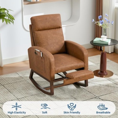 Rocking Chair with Footrest , Modern PU Upholstered Glider Accent Armchair with High Backrest, Padded Seat – Ideal for Living Room, Bedroom,Brown