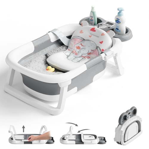 TUMAJUP Foldable Baby Bathtub Elephant PP+TPE with Soft Cushion&Thermometer for 0-36 Months Toddler Gray