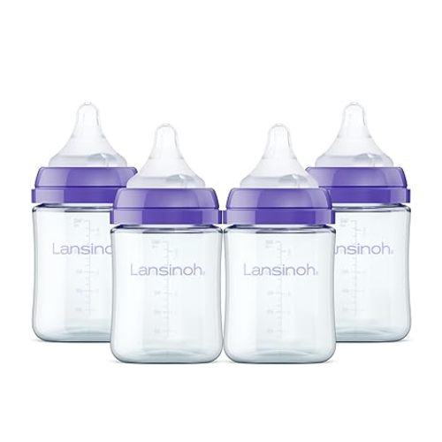 Lansinoh Anti-Colic Glass Baby Bottles, 5 Ounces, 4 Count Bottles for Feeding, Baby Essentials, Includes 4 Extra Slow Flow Nipples, Size XS