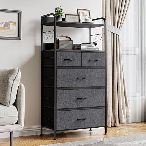 PeacefulHues 5 Drawer Fabric Dresser for Bedroom, Tall Storage Organizer with Metal Frame, Wood Top, Easy Pull Handle, for Hallway, Entryway, Modern Chest of Drawers