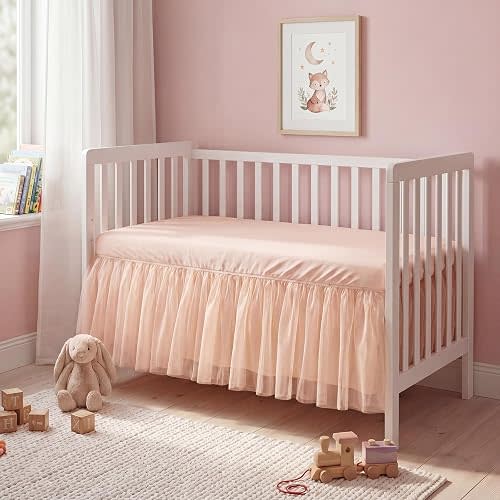 Oudain Pink Lace Crib Bed Skirts for Girls Dust Ruffle Bed Skirt with Selastic Band, Fits 28''x 52'' with 14" Drop Crib Bedding Skirt for Girls Boys Nursery Toddler