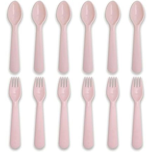 12 Pcs Kids Spoons and Forks Toddler Utensils Plastics Reusable Silverware Baby Cutlery Set Feeding Dinnerware Utensils BPA Free Microwave Dishwasher and Freezer Safe- Pink