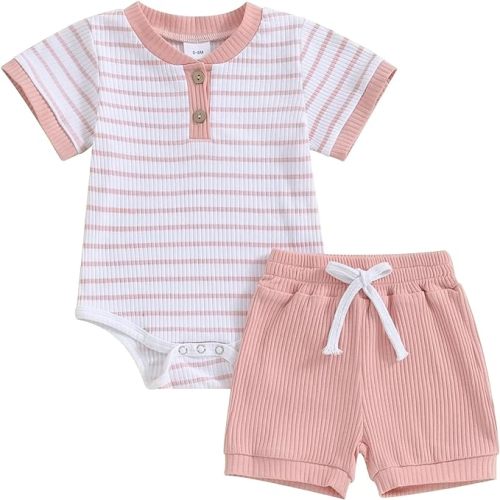 Newborn Baby Boy Girl Clothes 3 6 9 12 18 Months Ribbed Knit Short Sleeve Romper Shorts Set Infant Summer Outfits