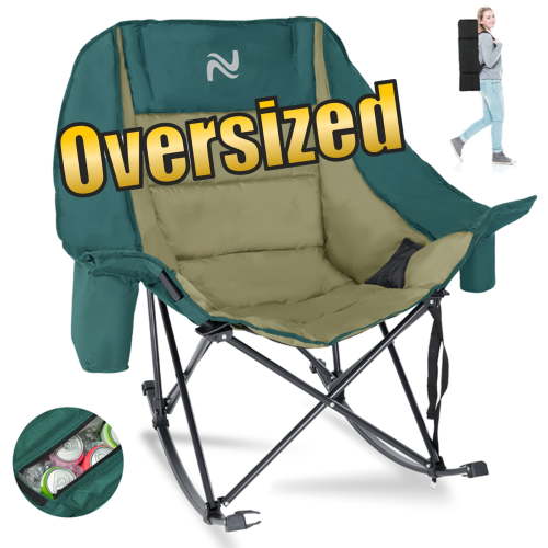 ABORON Oversized Rocking Camping Chair for Adults - 400lbs Capacity Heavy Duty Padded Rocker Chair, Folding Lawn Chair with Cooler Bag and Pockets, Portable Recliner Outdoor