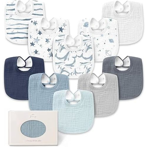 Konssy 10-Pack Muslin Baby Bibs, Soft Cotton Bandana Bibs for Drooling & Teething, Unisex Solid Colors for Boys & Girls, Newborn & Infant