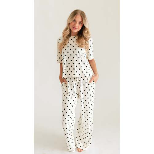 Women's T-Shirt and Pants Set in Cream & Black polka dot
