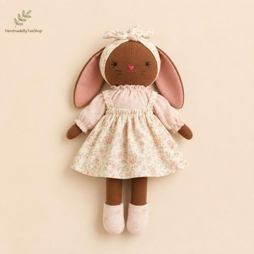 Brown Bunny Doll, Fabric Bunny, Handmade Linen Christmas Doll, Cute Fabric Reindeer, Soft Stuffed Animal, Christmas Gift for Kids