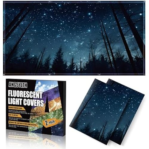 2 Pcs Fluorescent Light Covers - 4 x 2 Feet Covers for Ceiling Lights, Magnetic Light Filters for Classroom, Office, Hospitals, Home (Forests & Starry Sky-2)