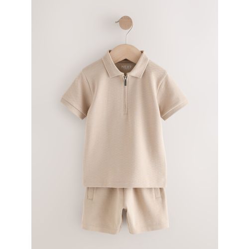 Neutral Textured Short Sleeve Polo Shirt And Shorts Set (3mths-7yrs)
