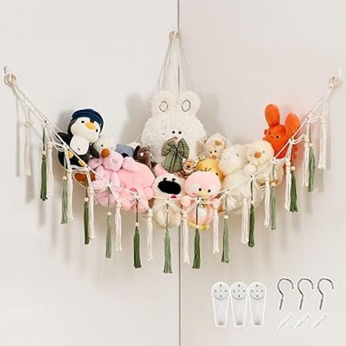 Pretty Jolly Macrame Hanging Storage Hammock, 59" Boho Corner Organizer with Tassels, Stuffed Animal Plush Holder for Kids Room Nursery Decor (Avocado Green & Sage Green)