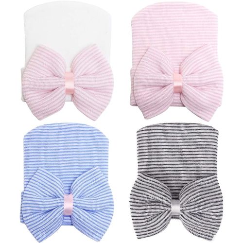 Zando Hospital Newborn Hat Girl with Bow Infant Baby Beanie First Photos | Stretch-cotton knit hats for newborn girls, hospital bags, coming home, nursery, sleep, photos, and baby shower gifts.
