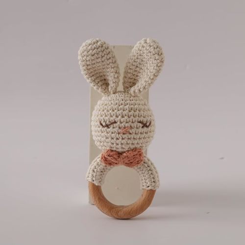 Natural Hand-Knit Wooden Baby Rattle - Soft Animal Shaped Sensory Toy for Newborns, Infants | Safe Beechwood & Crochet Texture | Perfect Baby Shower Gift