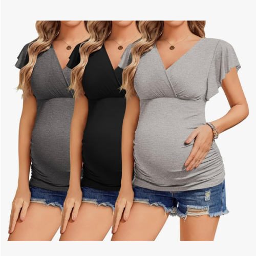 Ekouaer Women's Maternity Shirts 3 Packs Nursing Tops Flying Short Sleeve Breastfeeding Tees Side Ruched Pregnancy Clothes