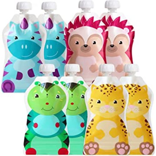 ChooMee Reusable Baby Food Pouches | BPA Free | Refillable Toddler Squeeze Pouches for Homemade Purees, Applesauce & Yogurt | Double Zipper, Easy Fill & Wide Bottom | 8CT, 5oz SnakPack FreshSquad