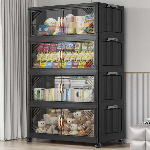 Broview 140Gal Plastic Stackable Storage Bins with Lid, 560QT Extra Large Containers With Drawers, Folding Closets with 4x Wheels, Collapsible Cabinets Organizers for Home Office, 4Pack Black, V60