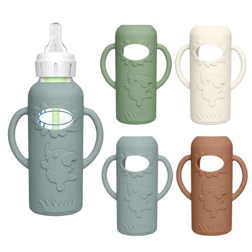 4 Pack Silicone Sleeves for Dr. Brown's Glass Baby Bottles -Drop Protection Easy-Grip Baby Bottle Sleeves Holder with Handles, Compatible with Dr. Brown's Newborn Glass Bottles 8 oz/250 mL