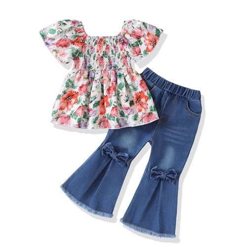 SODLON Baby Girl Clothes Toddler Girl Outfits Kids Puff Sleeve Shirt Top Flare Denim Pants Jeans Clothing for Little Girls