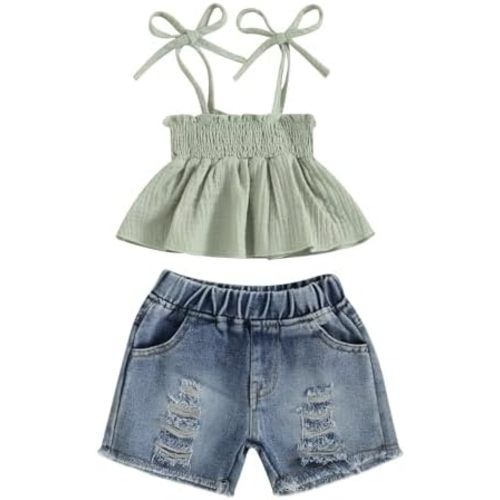 fhutpw Baby Toddler 12 18 24 Months 2T 3T 4T Girl Clothes Summer Ruffle Sleeveless Tops & Ripped Denim Shorts Set Kid Outfits