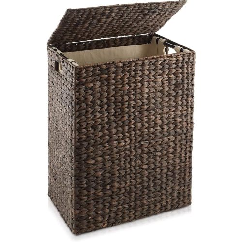 Casafield Large Laundry Hamper with Lid and Removable Liner Bag - Espresso, Woven Water Hyacinth Rectangular Laundry Basket Sorter for Clothes and Towels