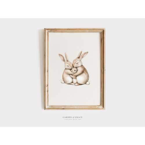 Hugging Mom, Dad and Baby Bunny Nursery Wall Art Print | Neutral Kid's Room Decor | Antique Family Poster | Printable Vintage Rabbit Prints
