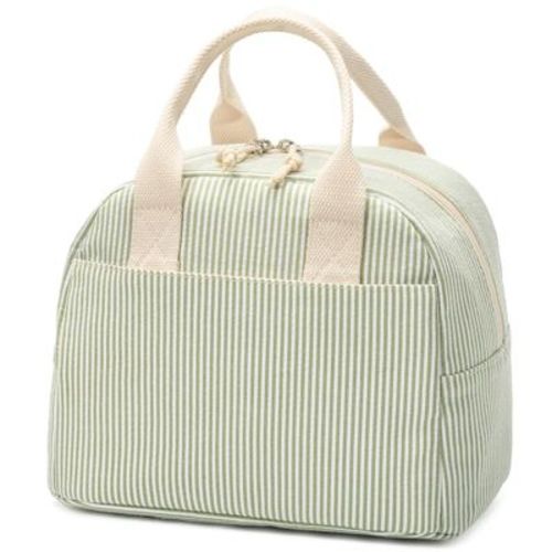 Narwey Insulated Lunch Bag for Women, Reusable Green Striped Lunch Box Cooler Bag