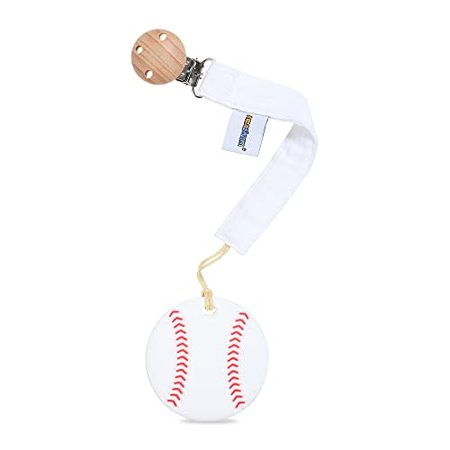 AmazingM Baby Food Grade Silicone Sports Shape Teether Toy with Pacifier Clip Holder,Teething Pain Relief Toys Gift Set for 3 Months+ Boys and Girls,Freezer Safe,BPA Free (Baseball)