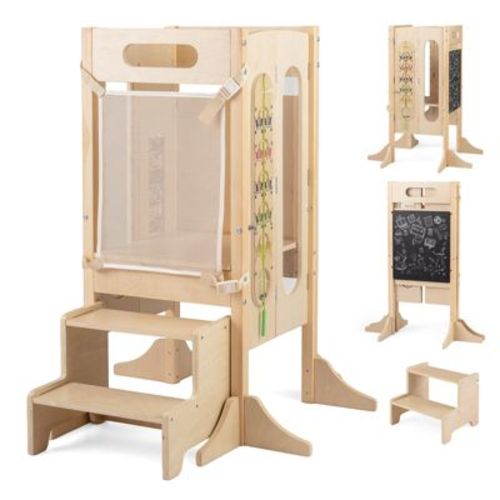 Costway Toddler Kitchen Step Stool w/Chalkboard Detachable Safety Net Montessori Games