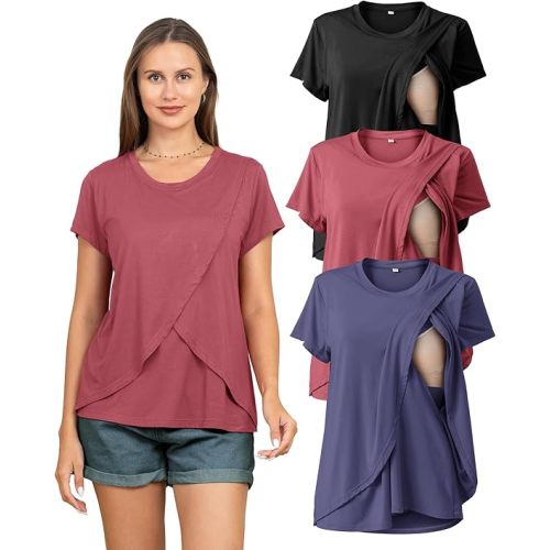 Rnxrbb 3 Pack Women's Nursing Tops for Breastfeeding Summer Short Sleeve T Shirts Postpartum Double Layer Clothes