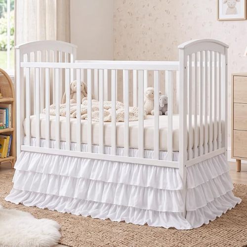 Hahafelt White Crib Skirt for Baby Girls & Boys, 28" x 52" with 16" Drop–100% Washed Cotton Dust Ruffle Bed Skirt, Soft Nursery Bedding, Fits Standard Toddler Cribs, 3-Tier Ruffle Farmhouse Decor