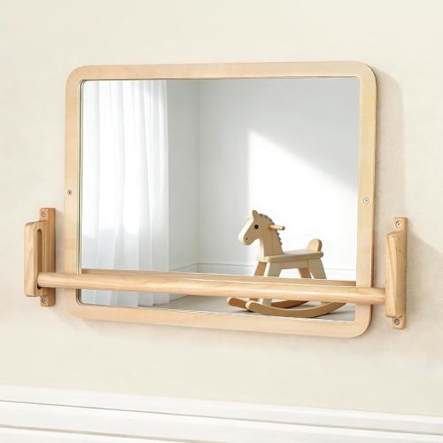 Montessori Mirror with Pull Up Bar, 23.6 x 15.7 in Natural Wood Frame & Shatter-Resistant Acrylic Baby Mirror for Floor and Wall, Tummy Time and Pull-to-Stand Practice