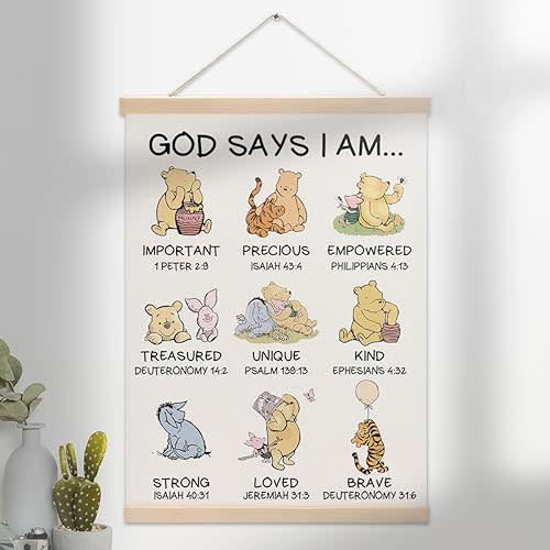 Wall The Pooh Nursery Wall Decor,Baby Room Hanging Wall Art Decoration,Wooden Hanging Canvas Religious Gifts, Cute Pooh Biblical Affirmations Art, I Will Nursery Decoration For Men Women