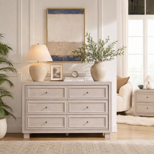 6 Drawer Dresser for Bedroom, 52" Mid-Century Modern Wood Chest of Drawers with Metal Handles, Storage Organizer Cabinet for Living Room, White