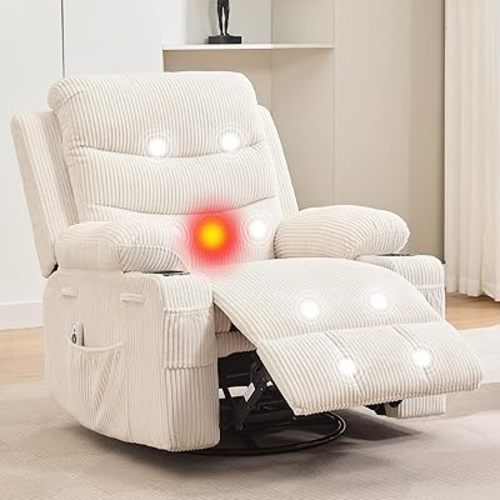 Oversized Swivel Rocker Recliner Chair with Massage & Heat, 360° Glider with Cup Holders & Side Pockets, Ergonomic Lounge Chair Supports 400 LBS for Living Room & RV