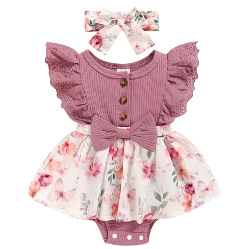 Sinhoon Baby Girl Clothes Newborn Ruffled Sleeveless Romper Floral Dreesy Bodysuit Heaedband 3pcs Baby Girl Summer Clothes