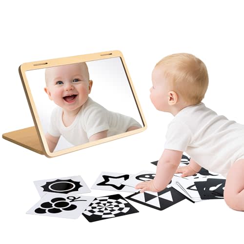 Tummy Time Mirror for Baby - Montessori Adjustable Infant Floor Mirror with Black and White High Contrast Cards