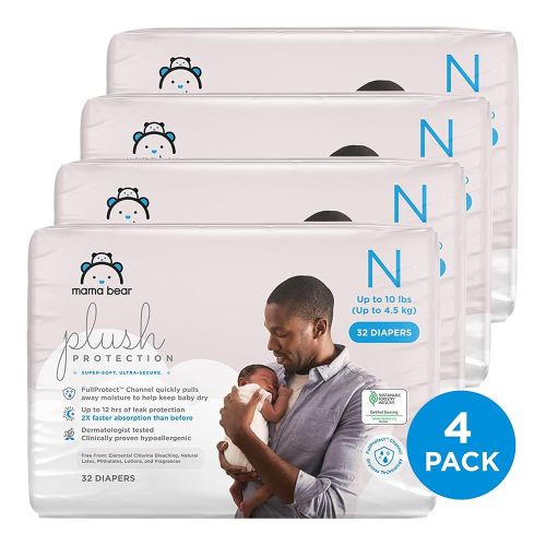 Amazon Brand - Mama Bear Plush Protection Diapers - Size Newborn, One Month Supply, Hypoallergenic Premium Disposable Baby Diapers, 128 Count (Pack of 4), White and Cloud Dreams