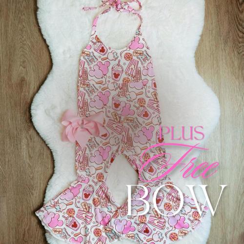 Girls Mouse Treats Romper: Boho Flared Outfit with Bow