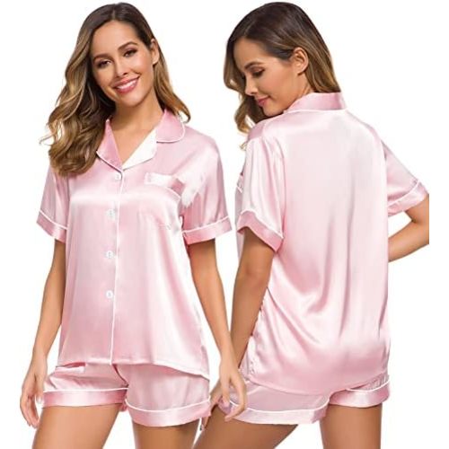 SWOMOG Womens Silk Satin Pajamas Set Short Sleeve Sleepwear Button Down Top and Shorts Loungewear 2 Piece Pjs Set XS-3XL