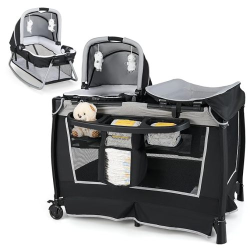 HONEY JOY Pack and Play, 5 in 1 Portable Infant Playpen with Bassinet & Changing Table, Storage Bag, Music Box, Toys, Carry Bag, Nursery Center, Baby Playard Pack n Play Crib for Boys Girls