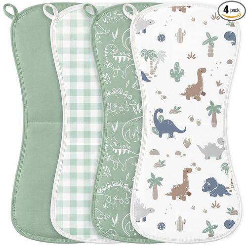 Burp Cloths Baby Boy, Large 21'' X 10'' Cotton Burping Cloths for Babies, Ultra Soft and Absorbent Burp Rags, 4 Pack Set Washcloths Newborn Spit Up Rags Green Dinosaur