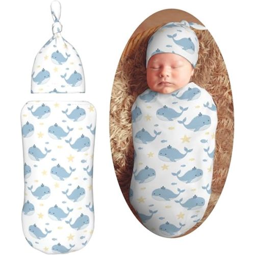 Whales with Fishes Newborn Swaddle Blankets Hat Sets Soft Baby Receiving Blanket Swaddle Sack for Baby Shower Infant Boy Girl Gift