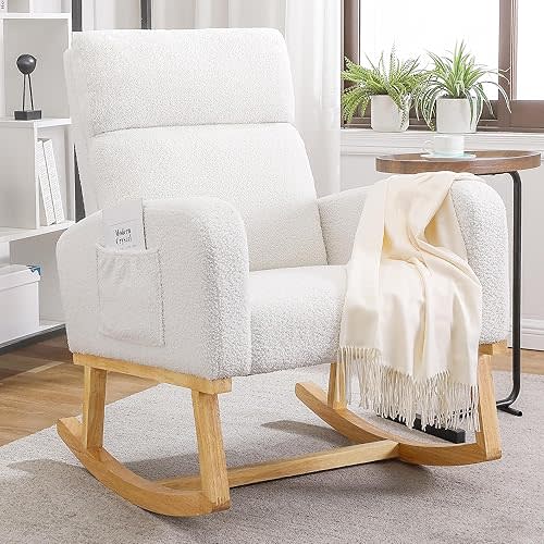 YUUIJOAA Rocking Chair Nursery - Glider Modern Accent Chairs Upholstered Teddy Fabric Nursing Rocker Padded Armchair for Indoor Living Room Bedroom, White