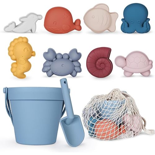 MarcZero 11Pcs Silicone Beach Toys,Modern Baby Beach Toys,Travel Friendly Beach Set,Silicone Bucket, Shovel, 8 Sand Molds, Beach Bag,Silicone Sand Toys for Toddlers, Kids (Blue)
