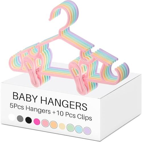 Hsei 5/10/40 Pack Baby Hangers with 10/20/80 Clips, Plastic Kids Pants Hangers for Nursery Closet Top and Bottom Clothes Hanger Set for Newborn Infant Toddler(15 Packs Total,Macaron Color,10.6 Inch)