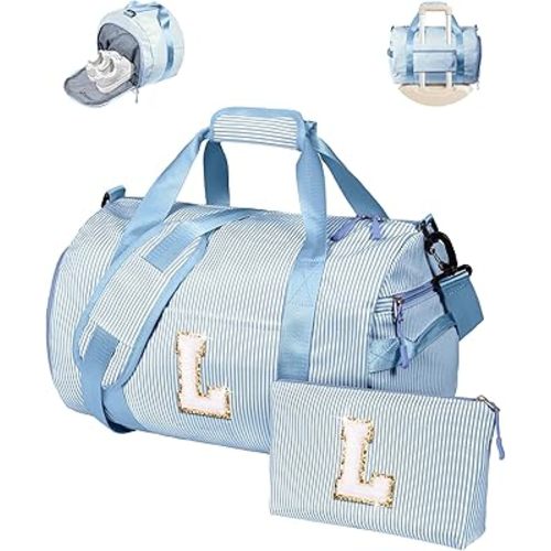 Birthday Gift for Her, Girls Travel Duffle Bag, Kids Initial Overnight Bags with Shoe Compartment, Customized Weekender Bag with Makeup Pouch, Trendy Stuff for Teen Girl Women (Letter L)