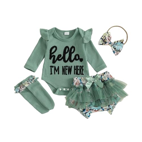 Hello Im New Here Newborn Outfit Infant Baby Girl Going Home Outfits Waffle Romper Tutu Skirts Dress Set With Socks
