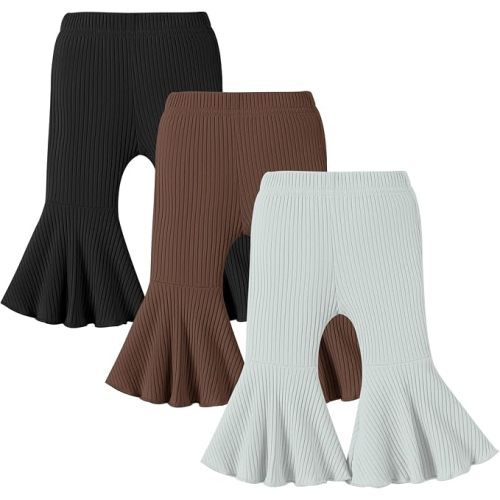 DREAM BUS 3-Pack Baby and Toddler Girls Flared Pants, 0-24 Months